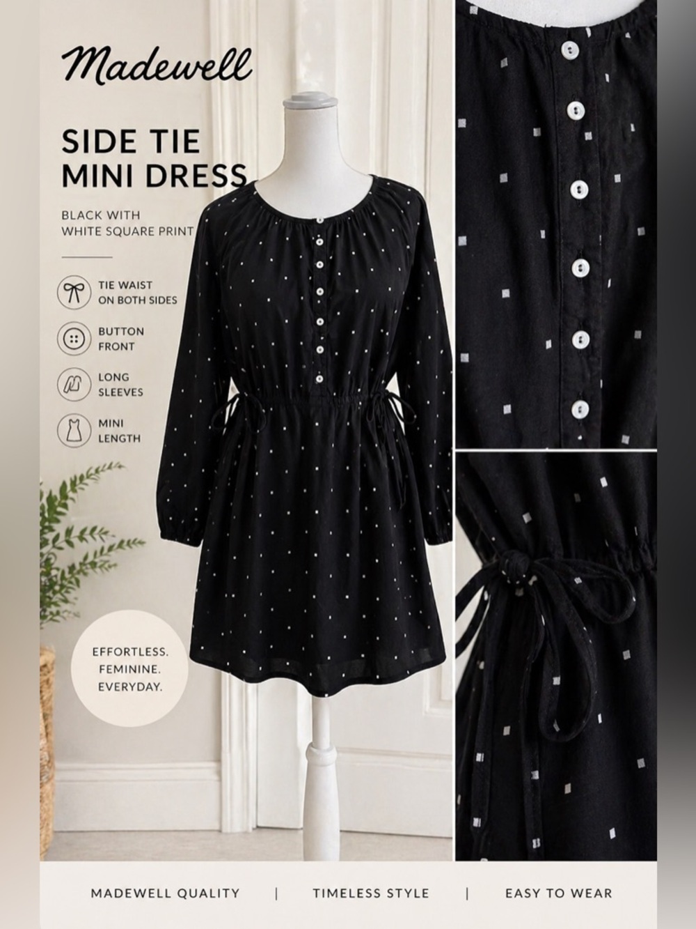 🔥ON SALE!Madewell Button-Front Tie-Waist Mini Dress in Square Spot Black Size XS